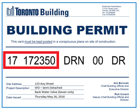 Example Building permit number, 17 172350.  located halfway down the Building Permit placard.