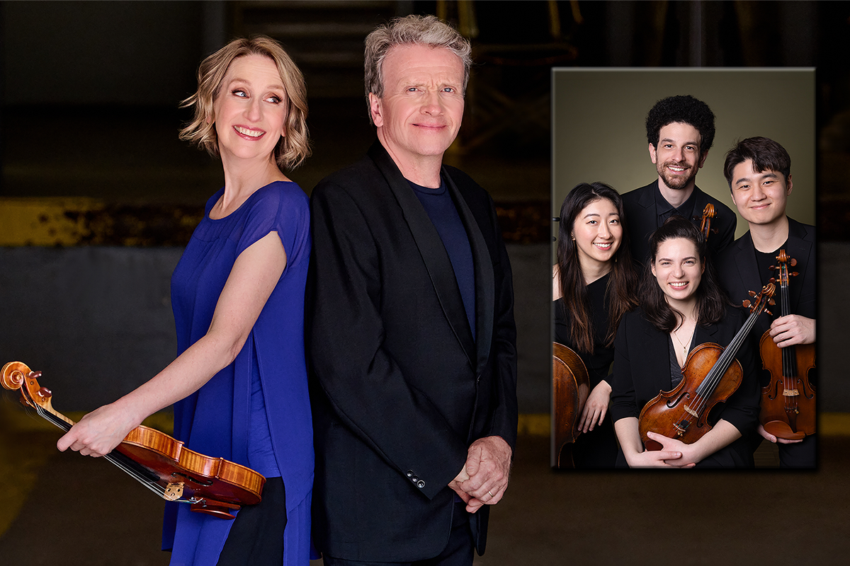 One female with a violin and one male musician, along with 4 young musicians with classical instruments