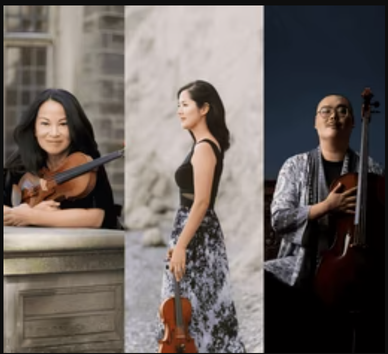 Seiler holds her violin while resting on a table, Min‑Jeong Koh stands wearing a dress, and Daniel Hamin Go with a cello