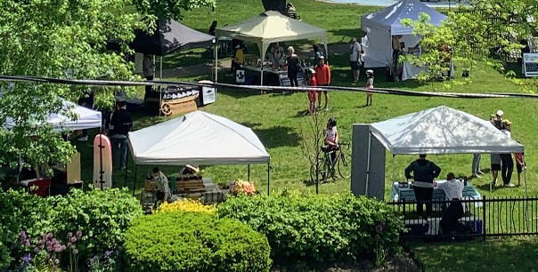 Areal view of the farmers' market in the park. Trees. Lots of green space and tents with vendor booths
