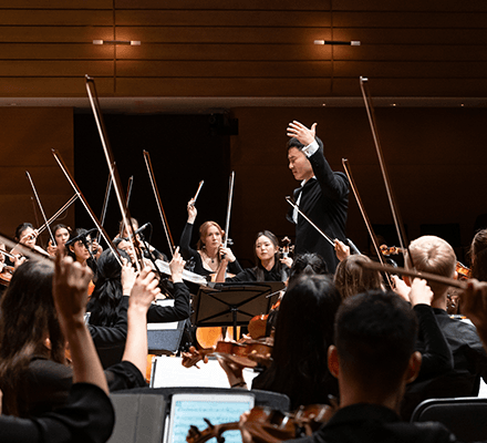 A conductor leads an orchestra of string musicians performing together on a concert hall stage.