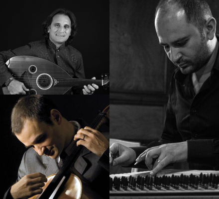 Three musicians playing traditional Middle Eastern instruments.