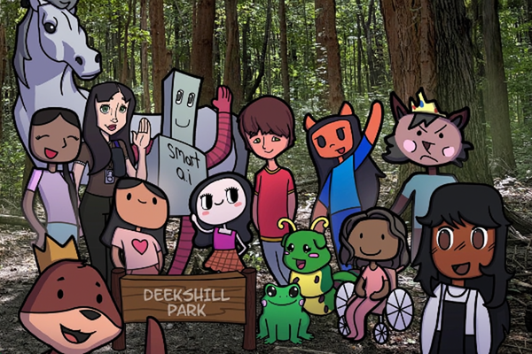 Hand drawn cartoon-style characters gather in a forested green space on a path.