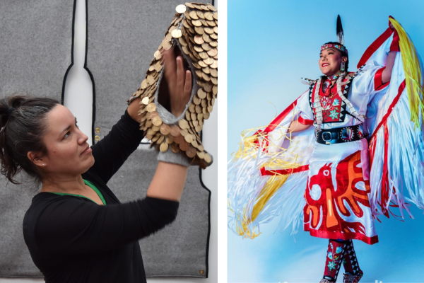 Maria holds up one of her art pieces beside her is an image of Deanne in regalia.