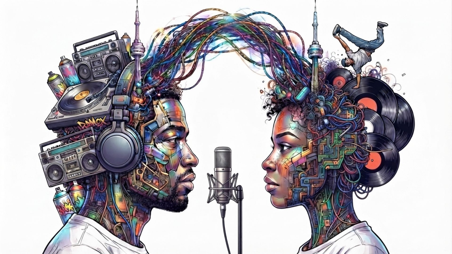 2 people facing each other connected by Hip Hop objects such as records, headphones etc