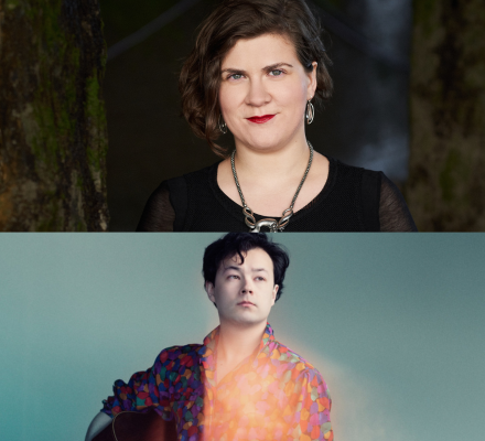 Headshots of Ema Nikolovska and Sean Shibe. They both wear black clothes.