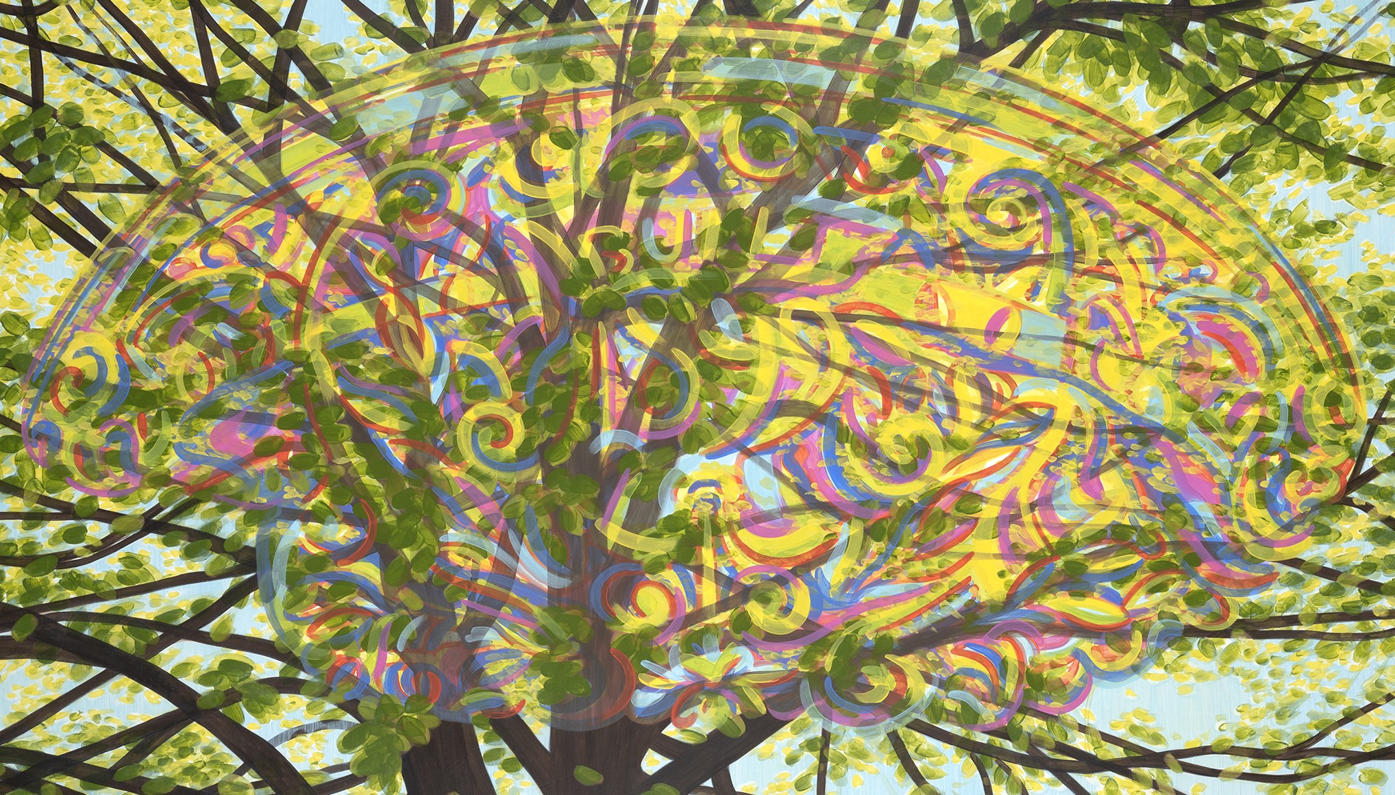 Acrylic painting of tree with a featured architectural fragment.