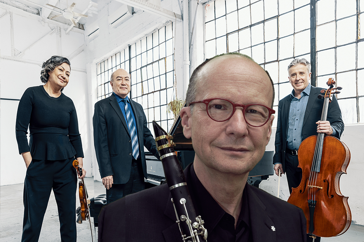 Two male and one female musicians with a piano, violin and cello, and a man with glasses holding a clarinet