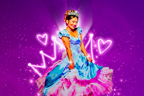 A smiling woman in a tiara and blue ballgown poses against a glowing purple background with neon hearts and a crown.