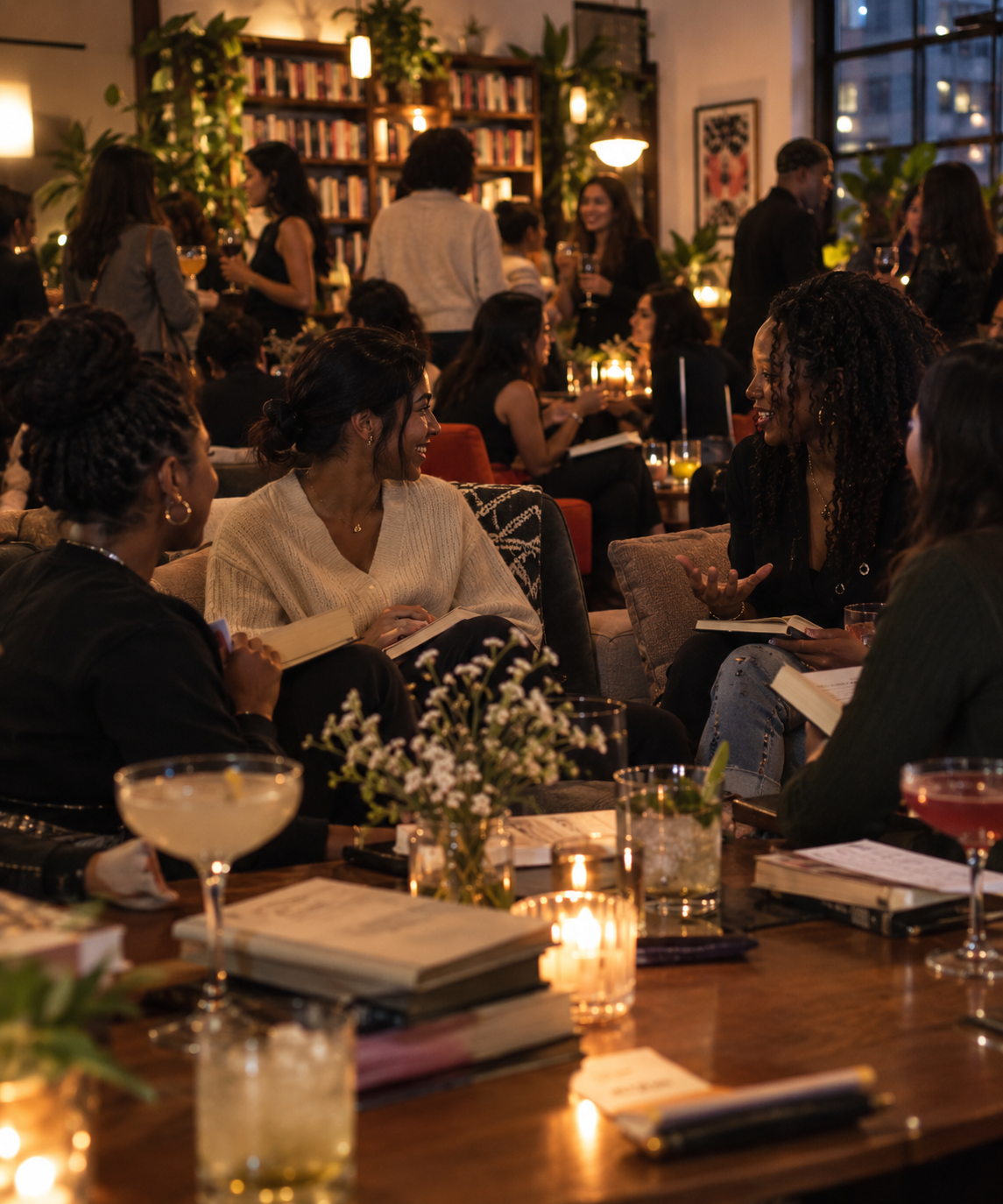 People chatting about books over cocktails.