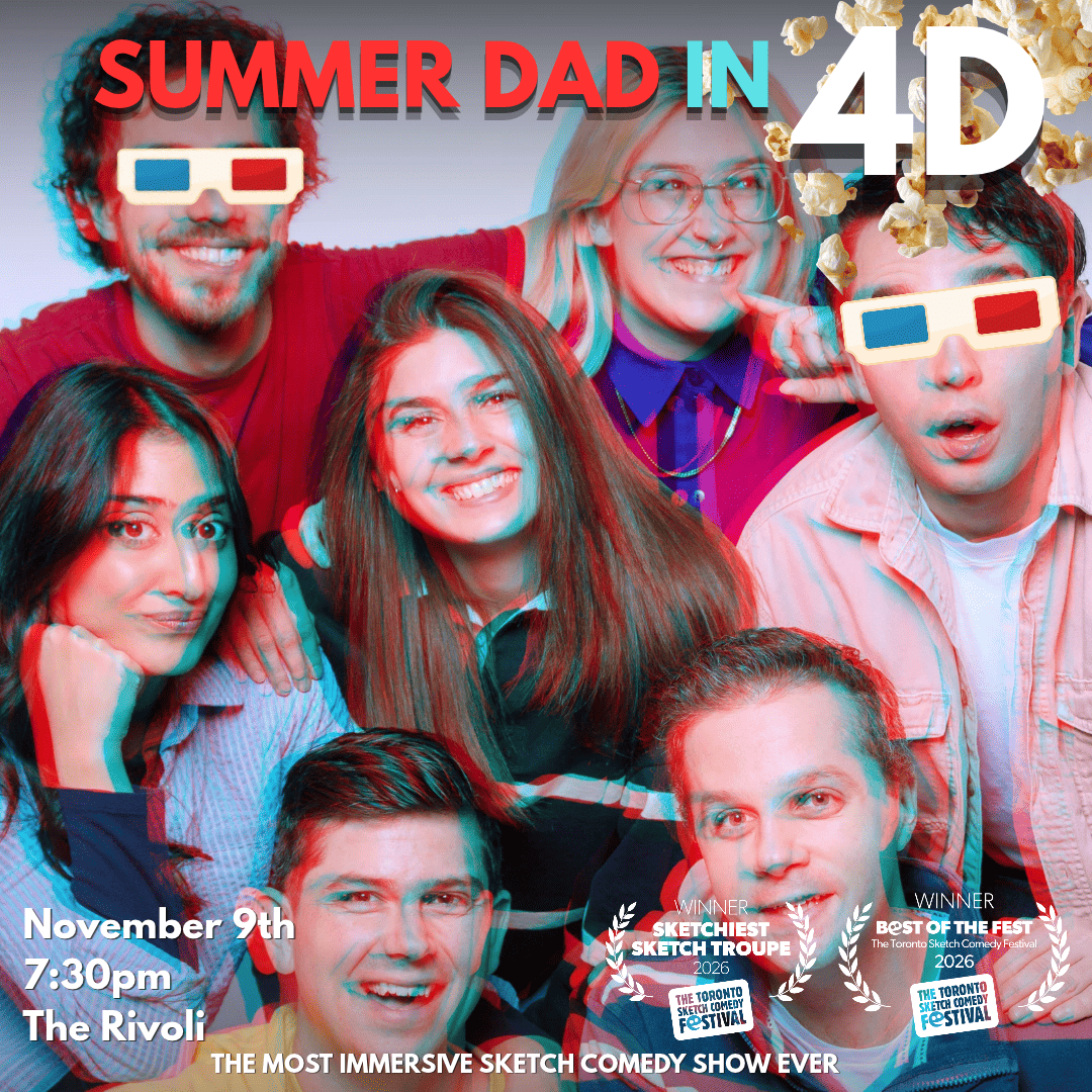 Seven performers (male and female) smile at the camera, with a 3D blue and red filter over the picture