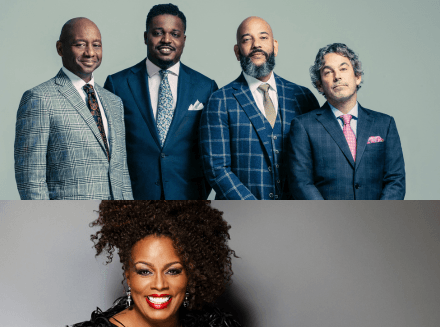 A group of men dressed in suits stand together. Underneath, Dianne Reeves wears a black dress and smiles.