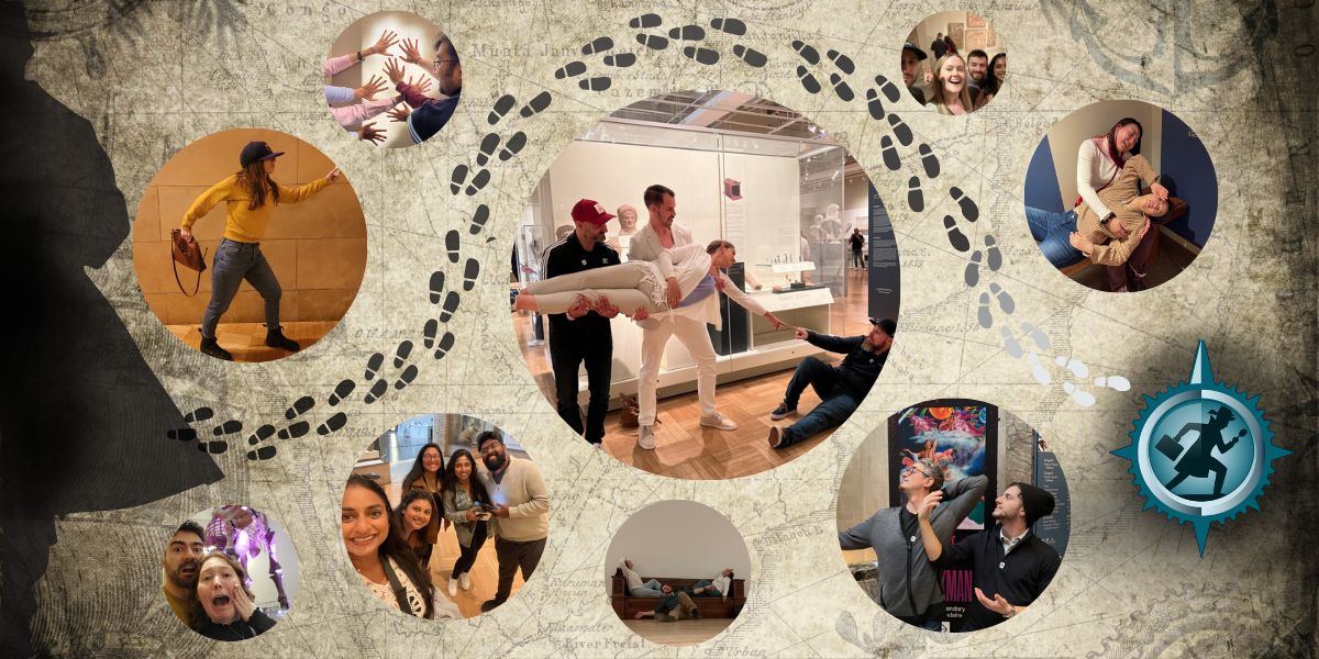A collage of people participating in group activities, games and challenges, connected by a trail of footprints.