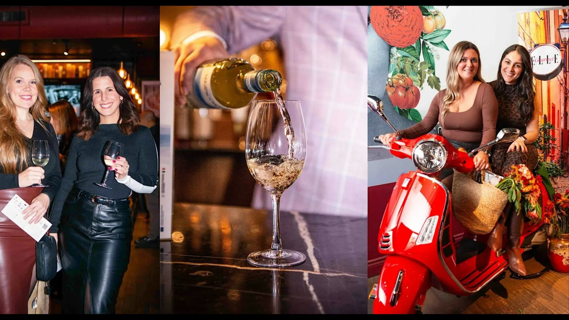 Two smiling women holding glasses of wine; Wine being poured into a glass; Two women with groceries sitting on a Scooter