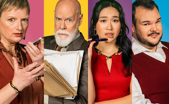 Headshots of four people. They hold office materials in their hands.