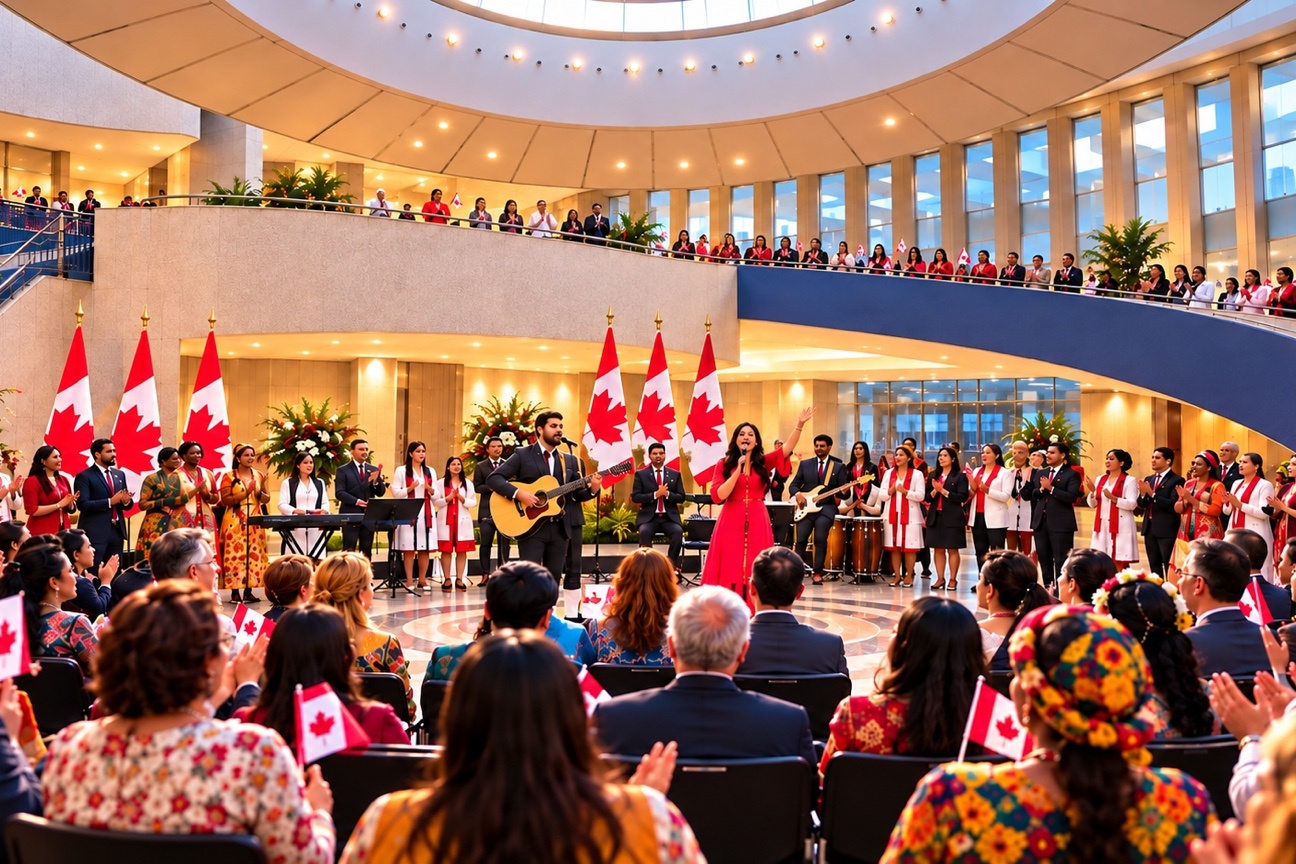 A guitarist, a singer and a band performing together in the center of audiences and in front of Canadian Flags