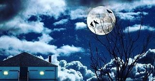 A Fort York blockhouse at night with a full moon and crows on a tree