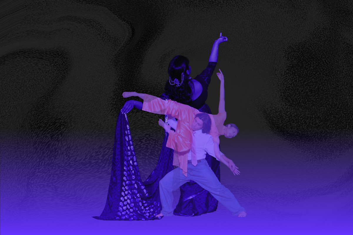 Composite photo of three dancers performing in deep purple light, featuring a traditional pose and dynamic lift.