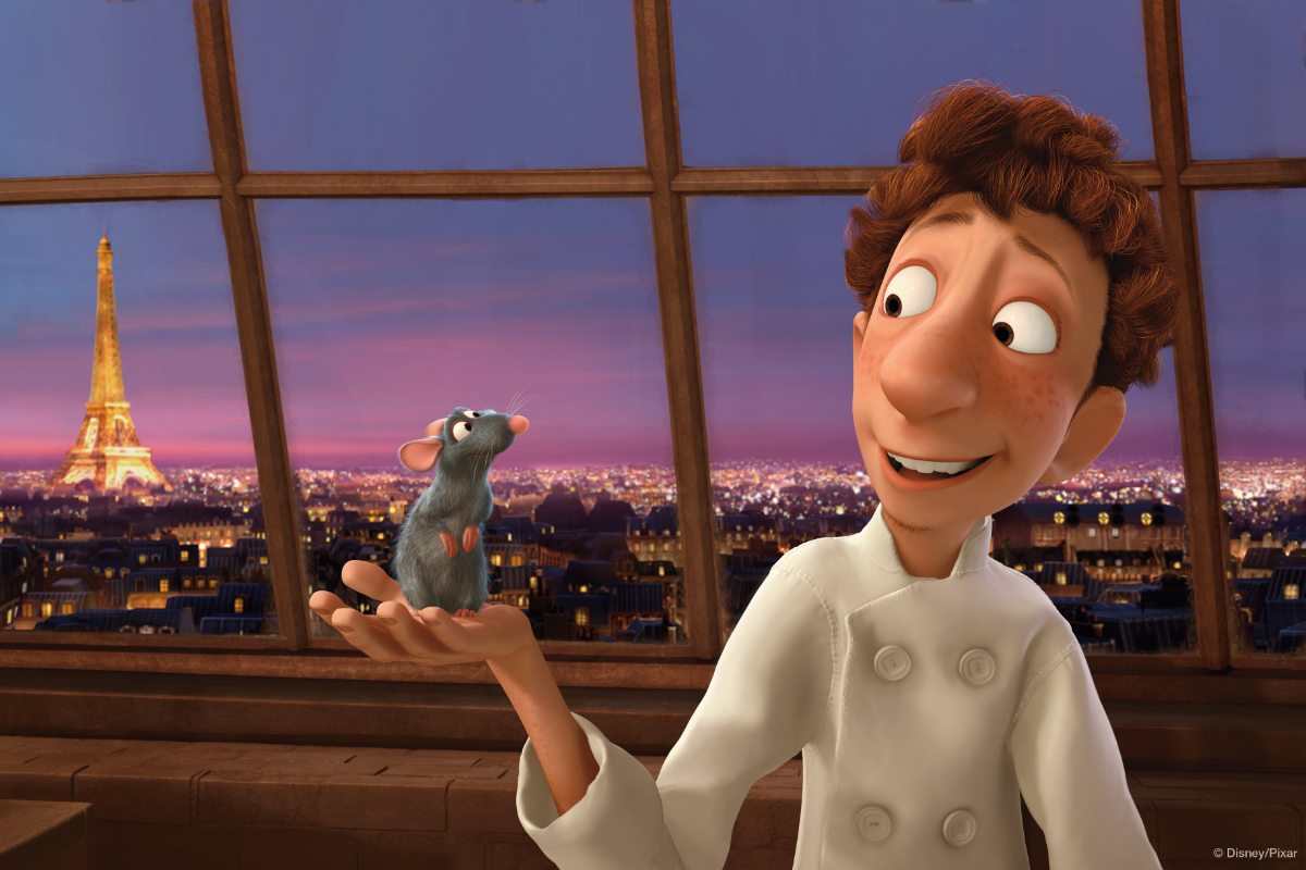 Animated chef holding rat with Paris at night in the background