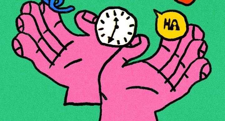A graphic of a pair of pink hands with a clock at the top, against a green background