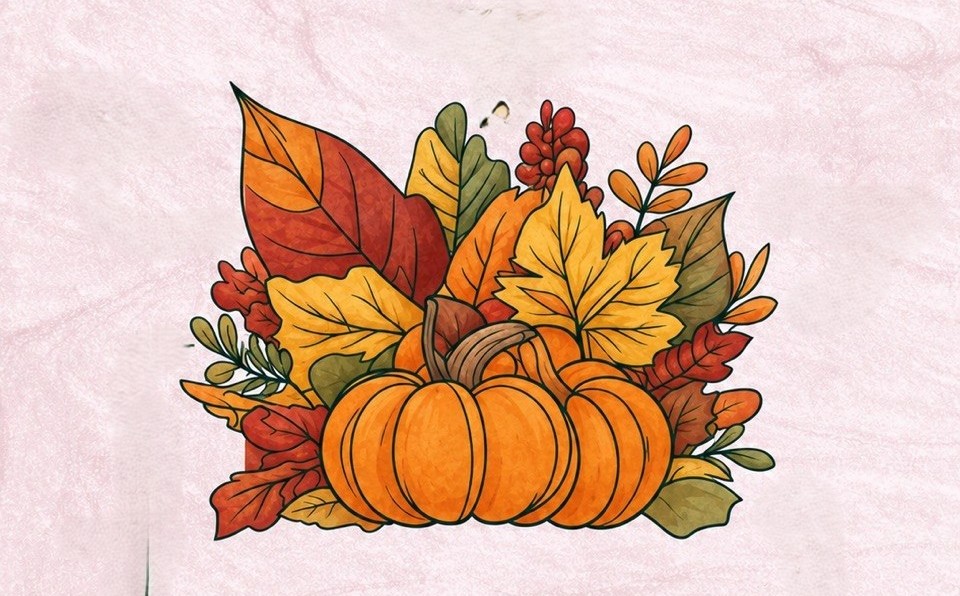 Pumpkins and autumn leaves gathered in a centrepiece.