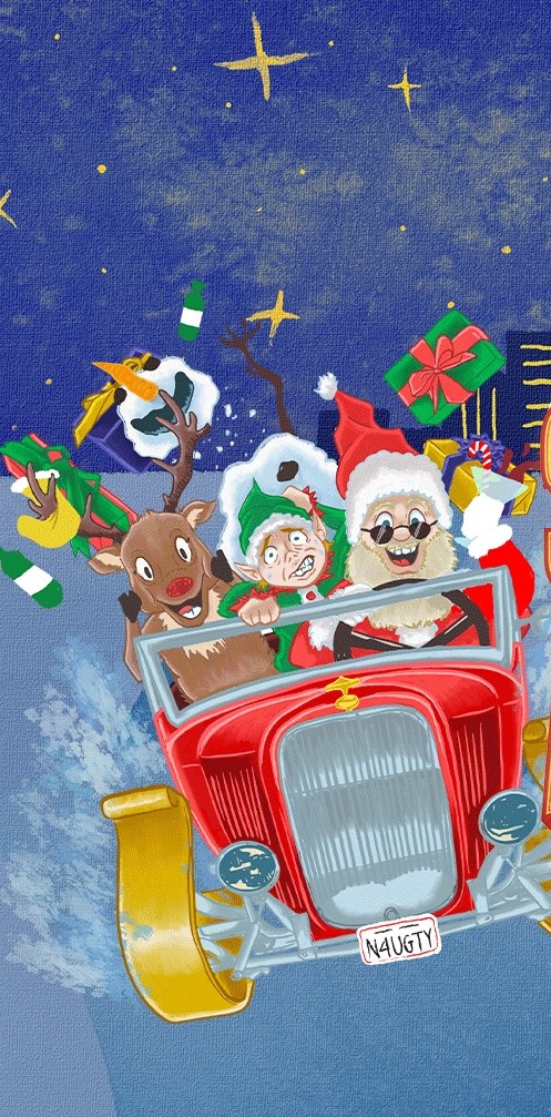 Cartoon of Santa, Rudolph and an elf driving frantically in Santa's sleigh on a snowy night in the city