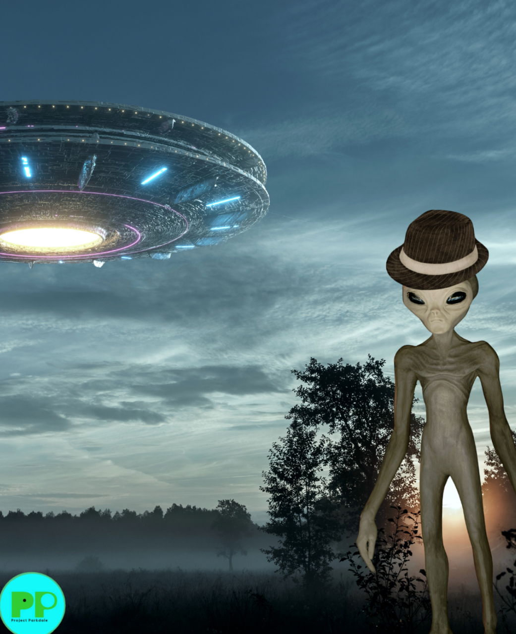 Cloudy sky, grey-alien in foreground right, wearing a fedora. Background right, a giant flying saucer.