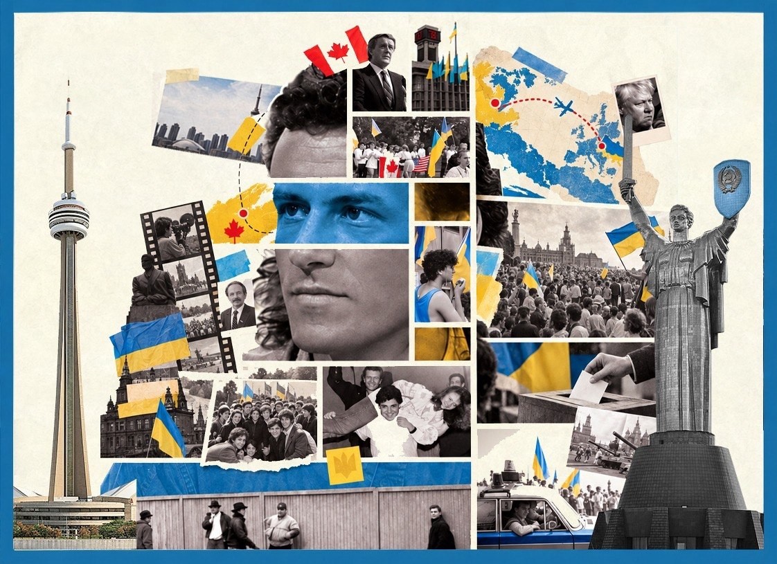Historical collage of Ukrainian independence featuring Canadian and Ukrainian flags, activists, and landmarks.