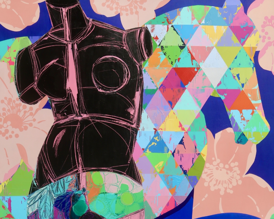 Modern vibrant multi-coloured art of a female figure in black with an argyle horse's head and leg, with flowers.