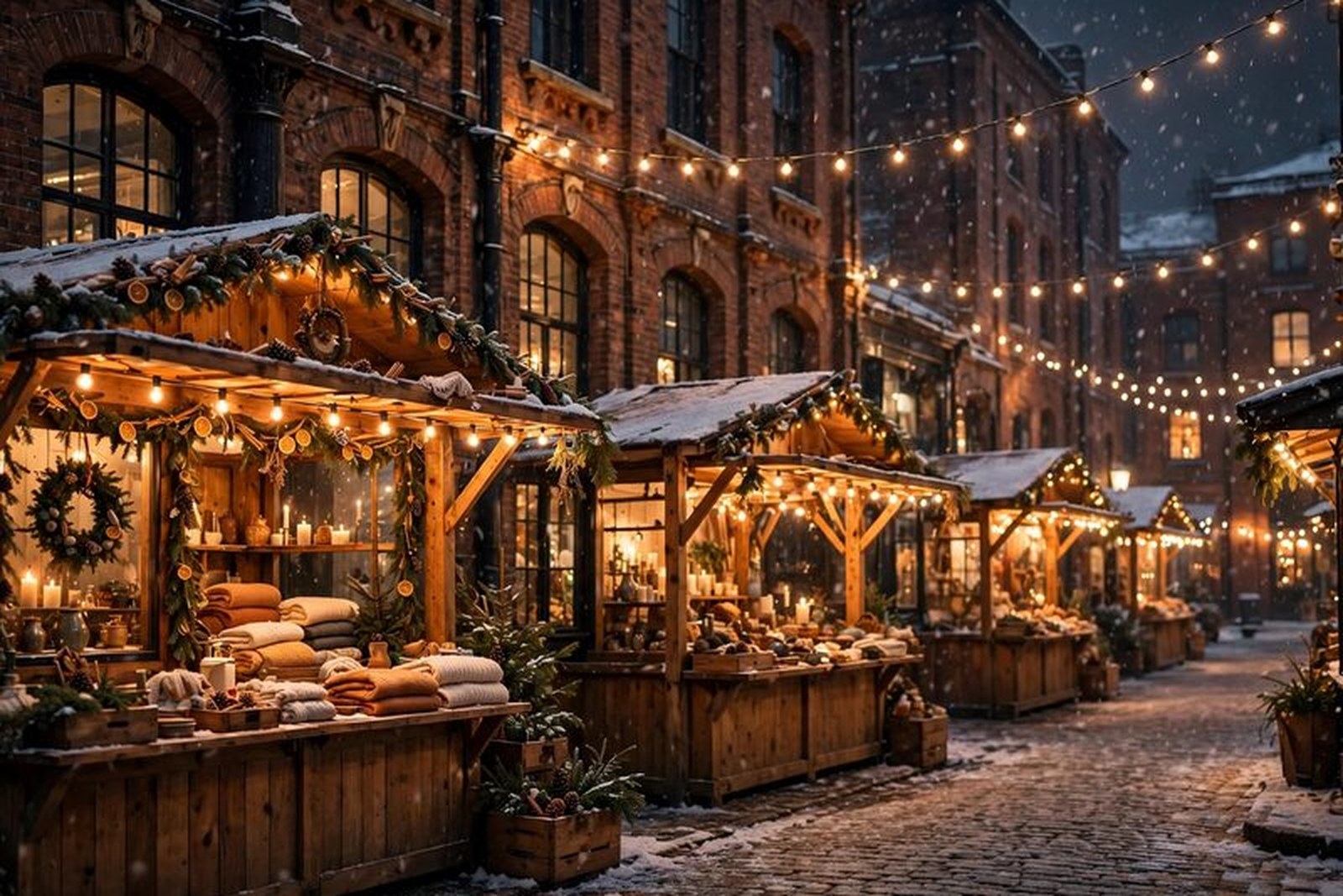Distillery Winter Village Christmas market lit up at night in Toronto