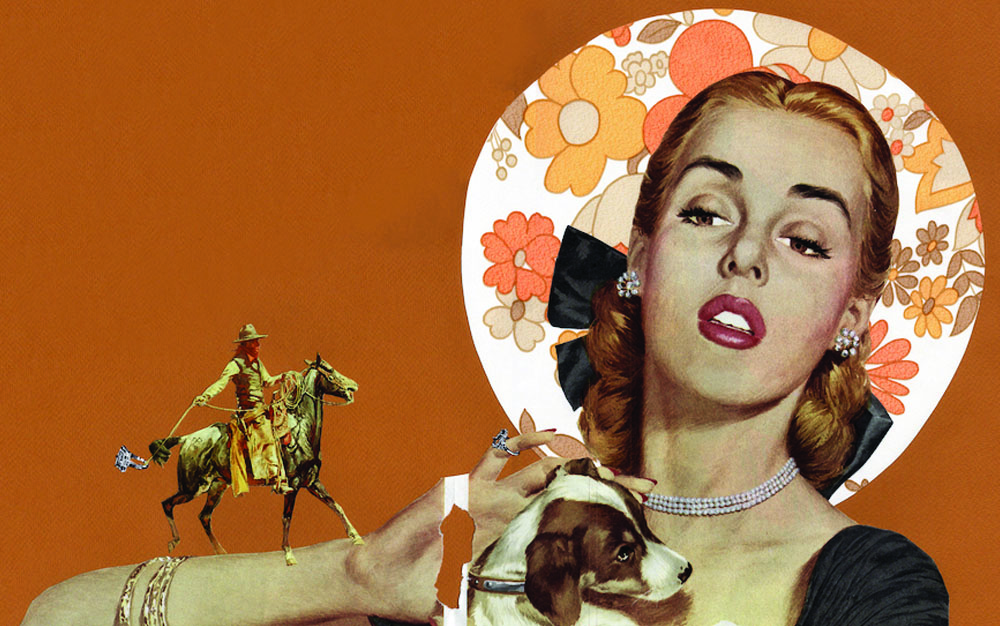 Collage of a woman holding a dog close to her chin and a person on a horse mounted on her arm