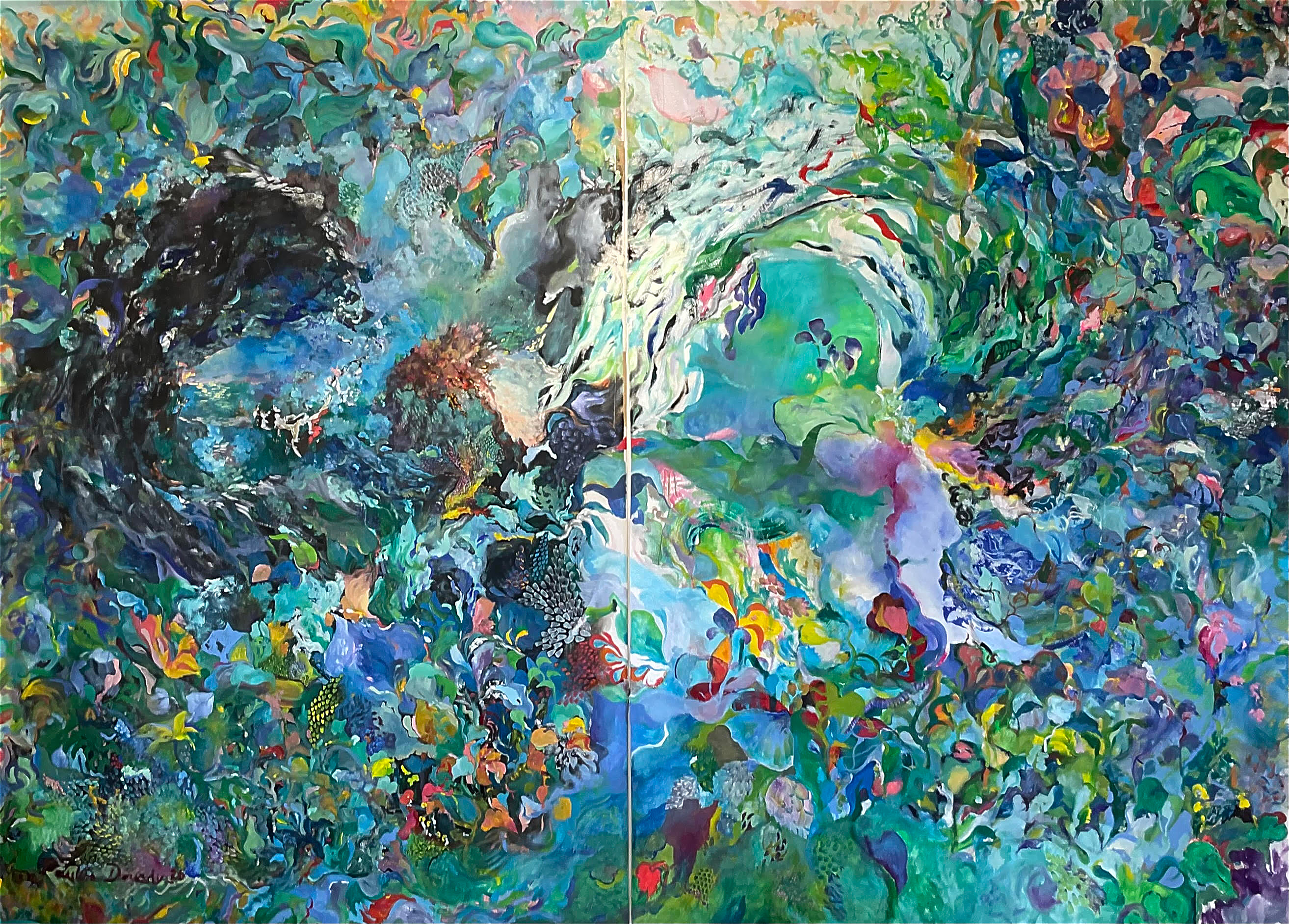 Oil painting with various bright colours. Green, teal and more.