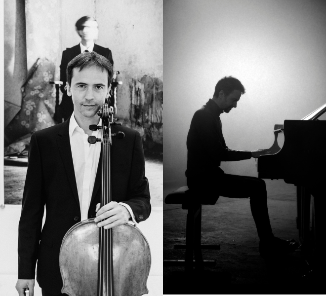 Jean-Guihen Queyras holds a cello with Alexandre Tharaud playing the piano