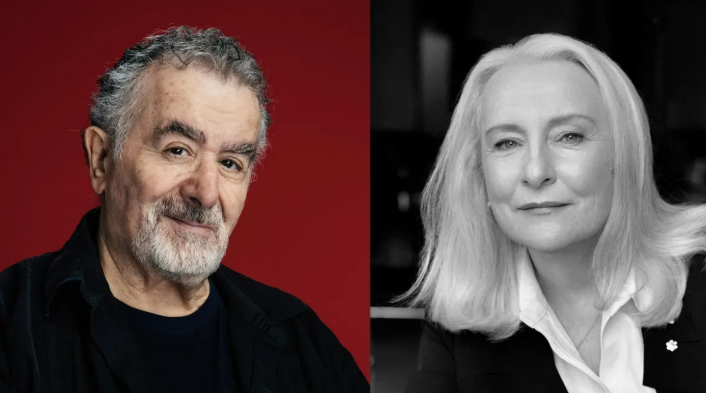 Split image of a man on the left with a red background and woman on the right, with a black and white color scheme
