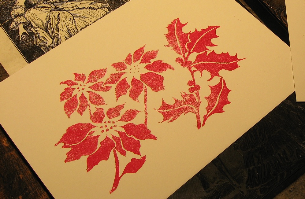 Poinsettia printing block with red ink