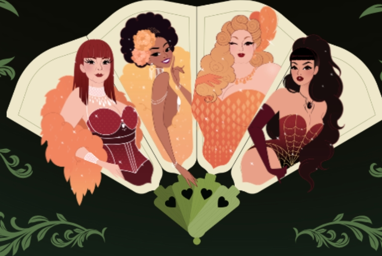 Four burlesque performers standing posed each in a section of a hand fan with filigree leaves framing the fan.