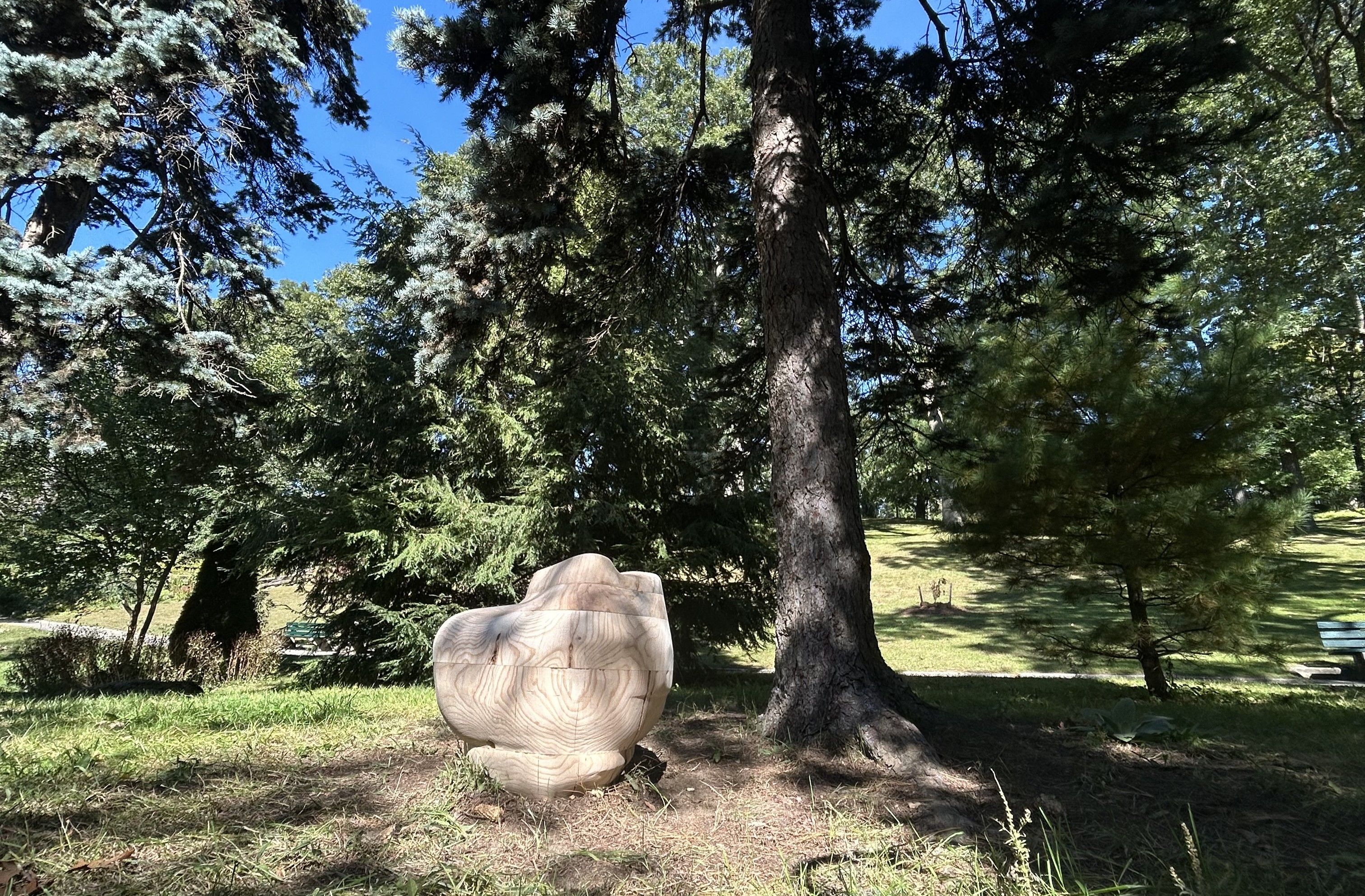 A wooden sculpture in a park