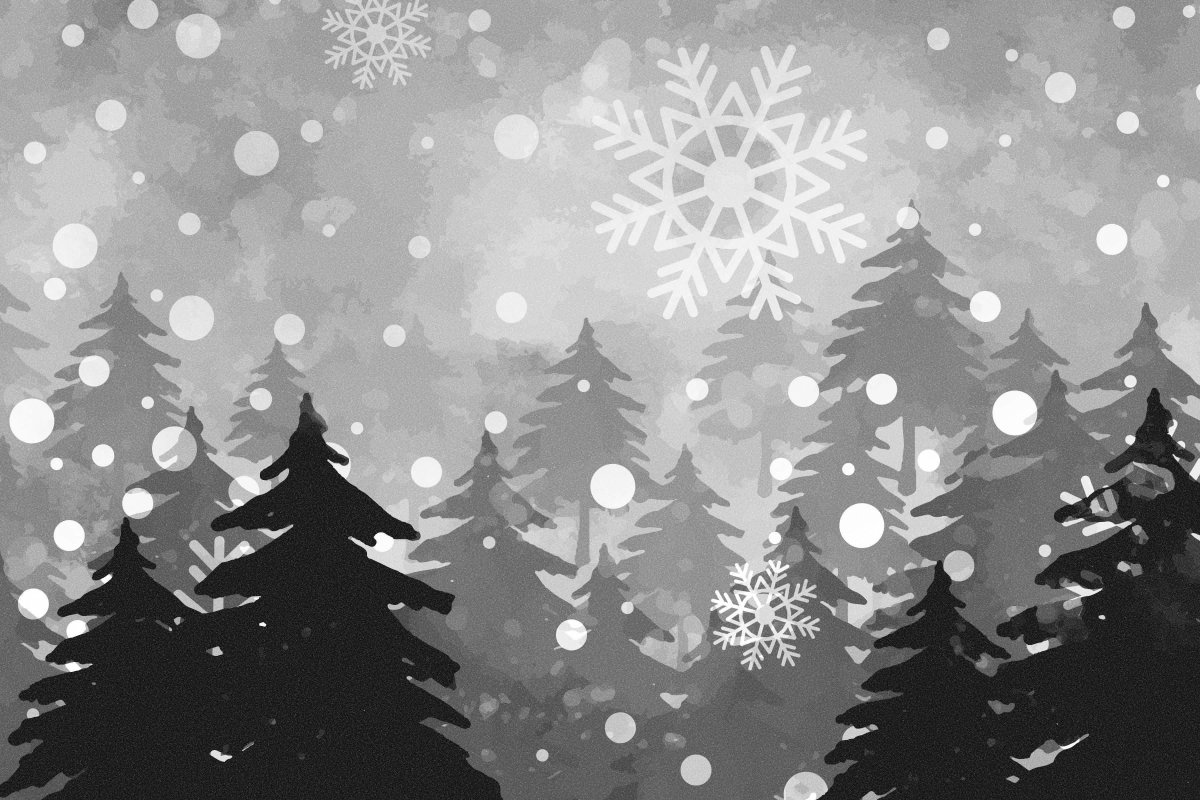 Black and white evergreens in the falling snow.