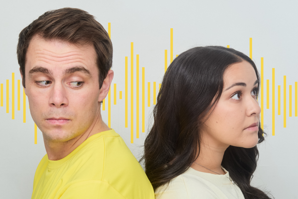 A man looks over his shoulder at a woman on a grey background. They both wear yellow and behind them a yellow sound wave