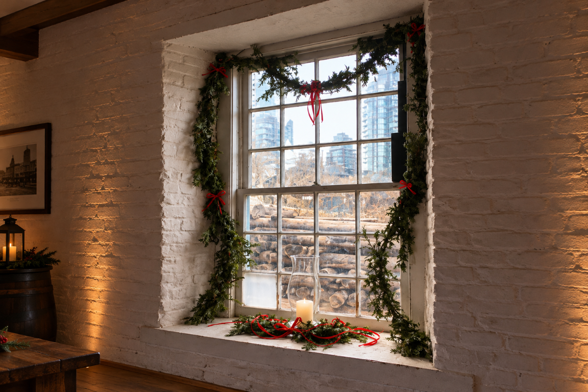 window of historic building decorated with evergreen garland and ribbons with a candle on the windowsill