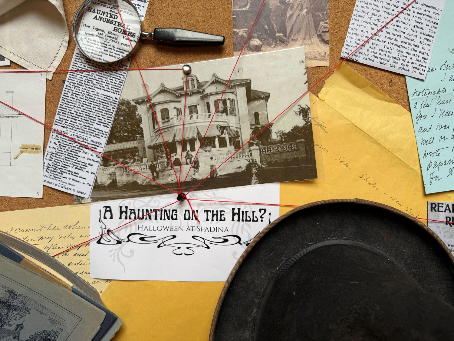 Detective board with red thread and black and white photos
