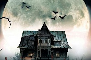 Old run-down Victorian House, with bats flying ahead and a full moon.