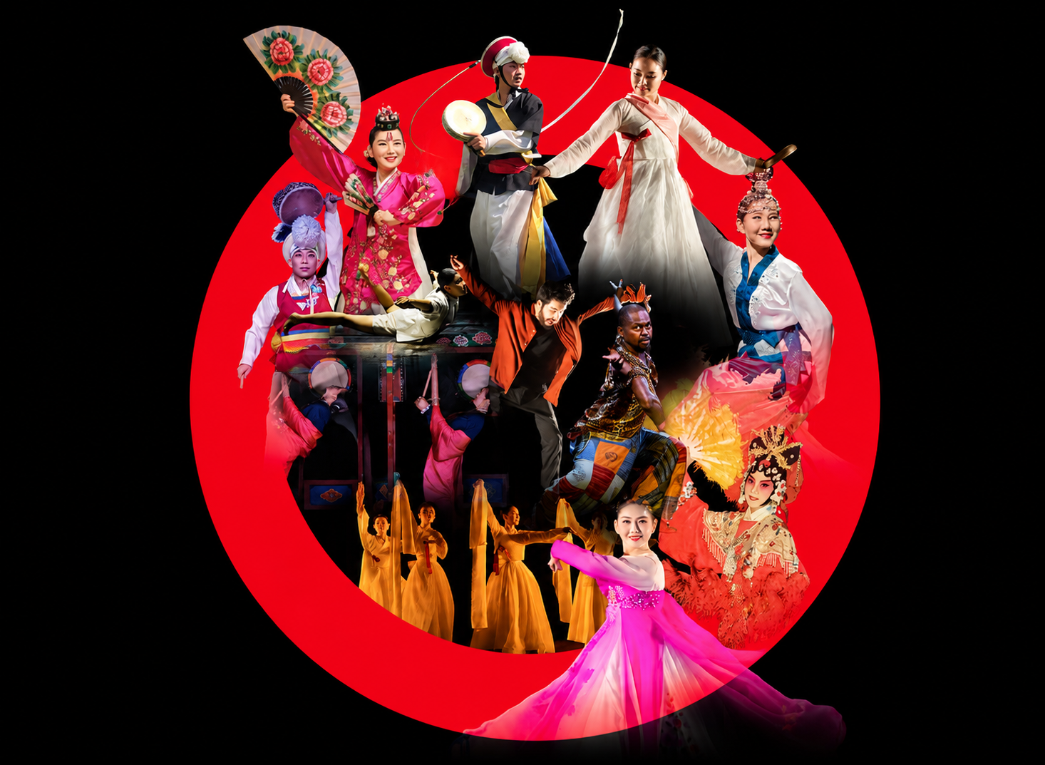 A collage of performance artists dancing against a red circle on a black background