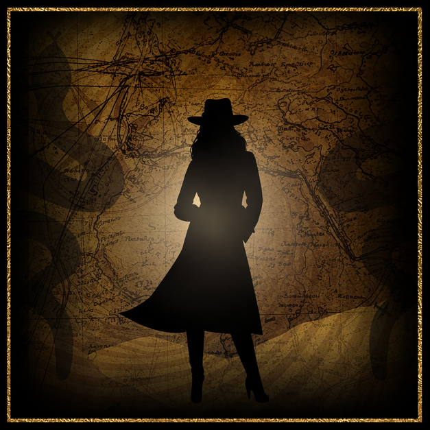 A mysterious silhouetted figure in a hat and long coat stands against an antique-style map background.