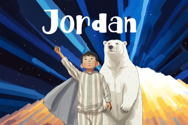 Illustration of a young boy, Jordan raising his fist next to a polar bear.