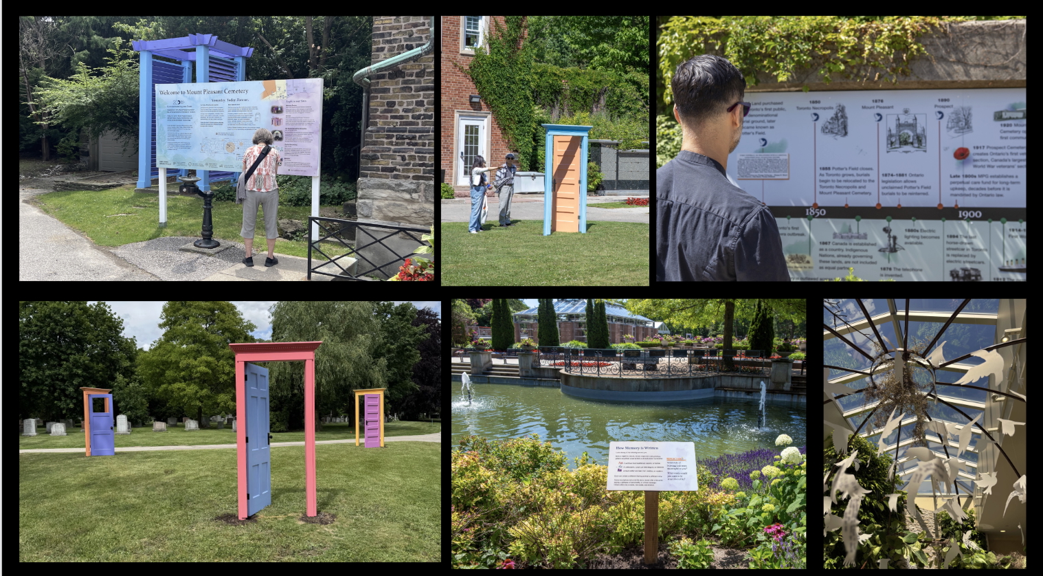 Collage of people looking at colourful art installations in different cementaries.