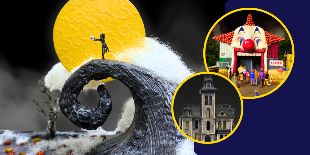 Nightmare before Christmas and Addams family miniature scene with giant moon, creepy trees and pumpkins