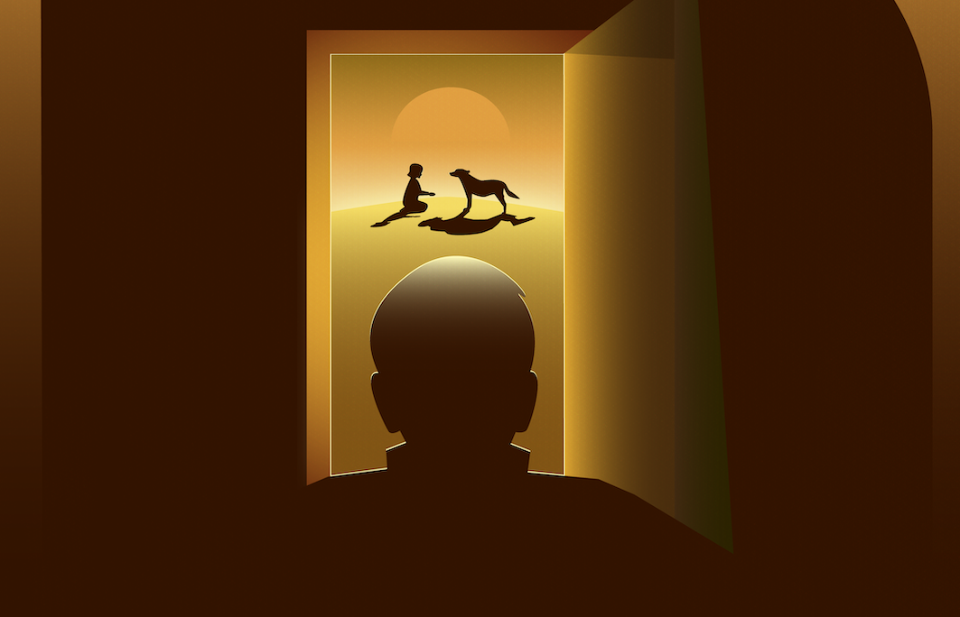 A man watches a child play with a door through an open door.