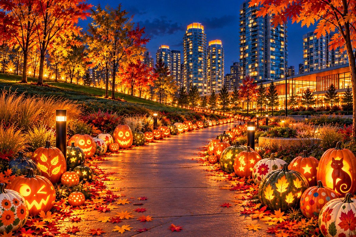 Glowing carved and decorated pumpkins line an autumn walkway, with illuminated Toronto buildings in the background.