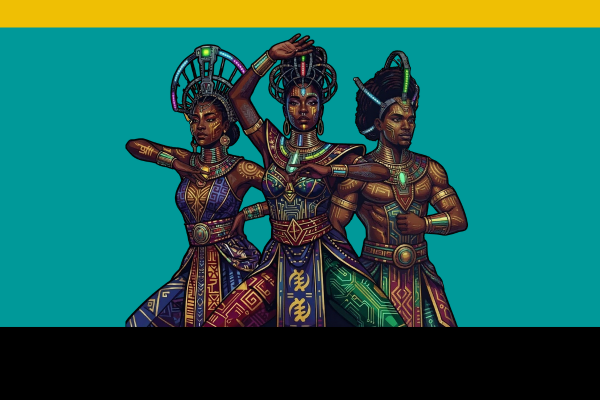 Three people of African decent, depicted from the chest up, against a solid teal background, with a thin yellow stripe